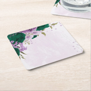 Dessous-de-verre Carré En Papier fleurs violettes vert émeraude mariage