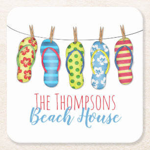 Dessous-de-verre Carré En Papier Flip Flops Personnalisé Whimsical Beach House