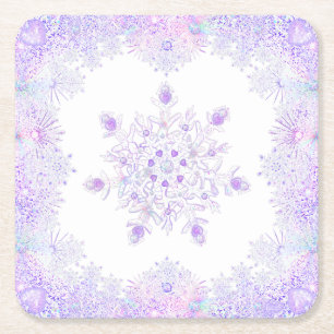 Dessous-de-verre Carré En Papier flocon de neige violet clair et coeur étincelant