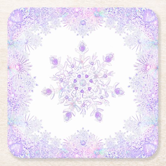 Dessous-de-verre Carré En Papier flocon de neige violet clair et coeur étincelant (Devant)