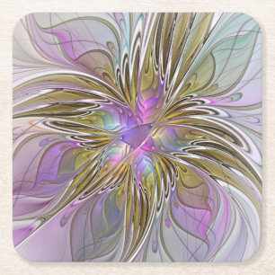 Dessous-de-verre Carré En Papier Floral Coloré Abstrait Fractal Avec Rose & Or