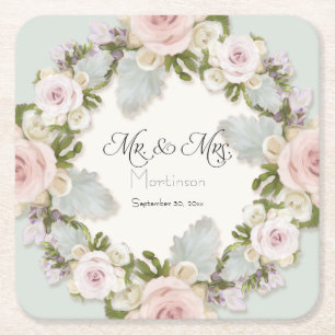 Dessous-de-verre Carré En Papier Floral Succulent Rose Foliage M. et Mme Mariage