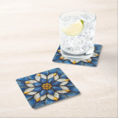 Dessous-de-verre Carré En Papier Flore Azulejo bleu blanc et jaune (En situation)