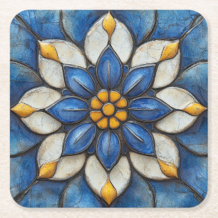 Dessous-de-verre Carré En Papier Flore Azulejo bleu blanc et jaune