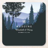 Dessous-de-verre Carré En Papier Forêt de bois bleu, Mariage rustique (Devant)