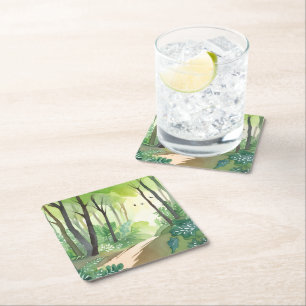 Dessous-de-verre Carré En Papier Forêt verte florissante   Aquarelle de nature