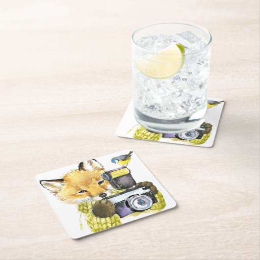 Dessous-de-verre Carré En Papier Fox mignon d'aquarelle prenant des photos (En situation)