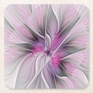 Dessous-de-verre Carré En Papier Fractal Floral Moderne Abstrait Fleur Rose Gris