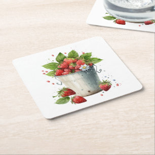 Dessous-de-verre Carré En Papier Fraises fraîches cuites dans un seau