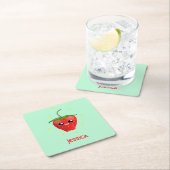 Dessous-de-verre Carré En Papier Fruit Monogram kawaii sur turquoise (En situation)