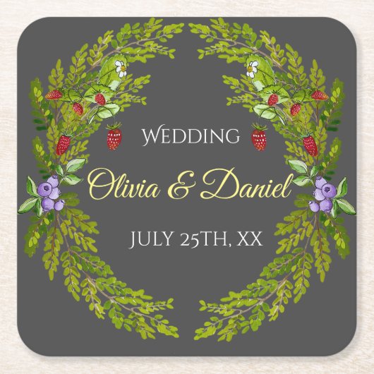 Dessous-de-verre Carré En Papier Fruits de forêt d'aquarelle mariage (Devant)