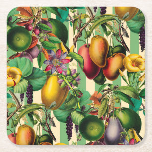 Dessous-de-verre Carré En Papier Fruits verts et fleurs Jardin Retro Style