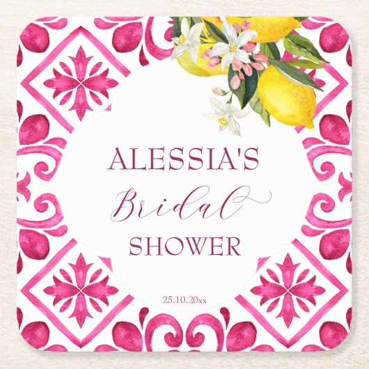 Dessous-de-verre Carré En Papier Fuchsia Majolica magenta tuiles douche nuptiale (Devant)