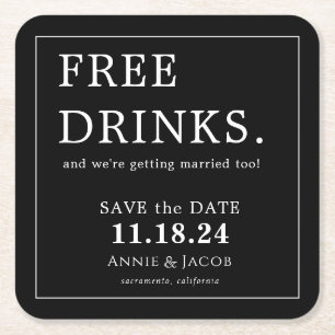 Dessous-de-verre Carré En Papier Fun Free Drinks Enregistrer la date