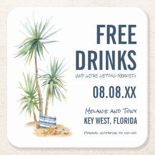 Dessous-de-verre Carré En Papier Funny Free Drinks Beach Wedding Enregistrer la dat