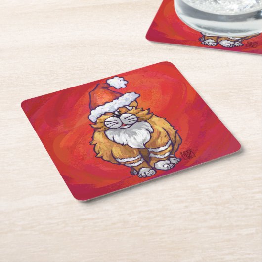 Dessous-de-verre Carré En Papier Ginger Chat Noël Sur Rouge (Incliné)