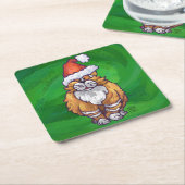 Dessous-de-verre Carré En Papier Ginger Chat Noël Sur Vert (Incliné)