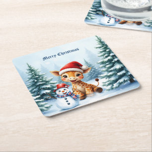 Dessous-de-verre Carré En Papier Girafe de caricature mignonne avec Santa Hat & Sno