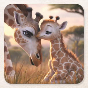 Dessous-de-verre Carré En Papier Giraffe Love : Baby Kissing Mom