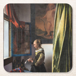 Dessous-de-verre Carré En Papier Girl Reading a Letter à Open Window, Vermeer