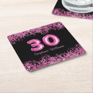 Dessous-de-verre Carré En Papier Glam Black Pink Foil 30e fête d'anniversaire