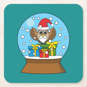 Dessous-de-verre Carré En Papier Globe des neiges avec Chouette du Père Noël