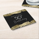 Dessous-de-verre Carré En Papier Gold 50th Birthday Party<br><div class="desc">Tout le texte est ajustable et facile à changer pour vos besoins de partie. Faux coups de peinture or. fête du 50e anniversaire or et confetti noir.</div>