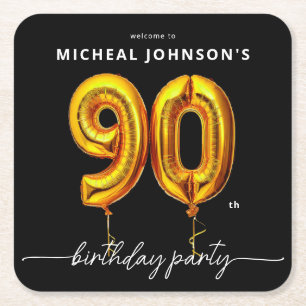 Dessous-de-verre Carré En Papier Gold Balloon Black 90e fête d'anniversaire
