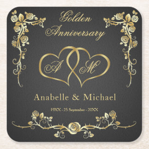 Dessous-de-verre Carré En Papier Gold Floral Hearts 50e anniversaire de Mariage