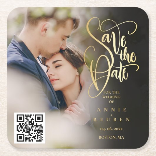 Dessous-de-verre Carré En Papier Gold Script QR Code Photo Enregistrer la date (Devant)