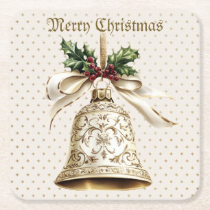 Dessous-de-verre Carré En Papier Golden Christmas Bell Shiny Stars Green Feuilles