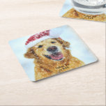 Dessous-de-verre Carré En Papier Golden Retriever, Noël Santa hat texte personnalis<br><div class="desc">Un ensemble super mignon de dessous de verre avec un rendu aquarelle d'un Golden Retriever portant un chapeau de Père Noël. Ou vous pouvez remplacer par votre propre photo. Ajoutez votre texte pour customiser. Parfait pour les Moms/Dames d'or et les amoureux de les chiens.</div>