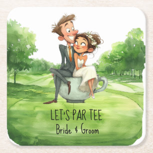 Dessous-de-verre Carré En Papier Golf Partons sur un Par avec les mariés sur le par