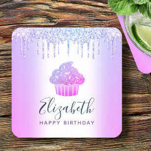 Dessous-de-verre Carré En Papier Gouttes de paillettes de cupcake violet nom monogr