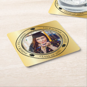 Dessous-de-verre Carré En Papier Graduation Photo Gold Tone Casquette de classe Ann