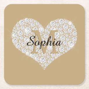 Dessous-de-verre Carré En Papier Grand Cœur en Diamant, Monogramme en Or, Nom en Sc