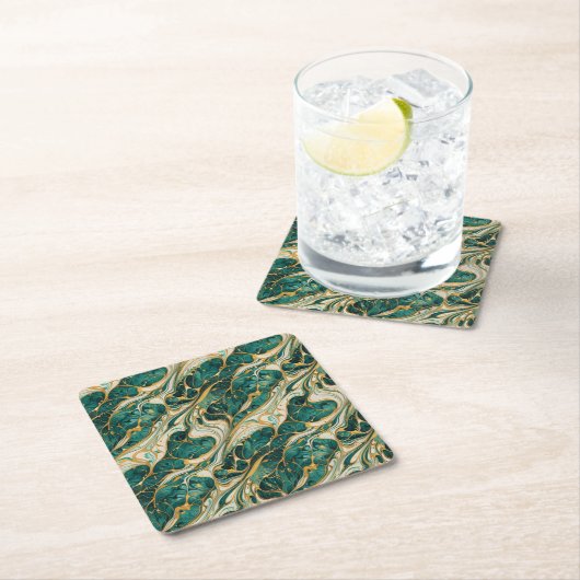 Dessous-de-verre Carré En Papier Green and gold marble design coasters (En situation)