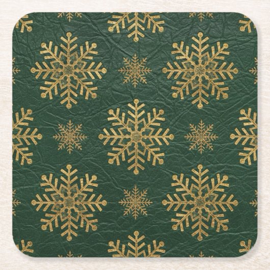 Dessous-de-verre Carré En Papier Green Leather Tooled with Gold Snowflakes (Devant)