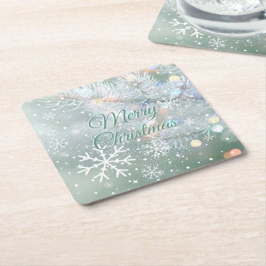 Dessous-de-verre Carré En Papier Green Merry Christmas Snowflakes (Incliné)