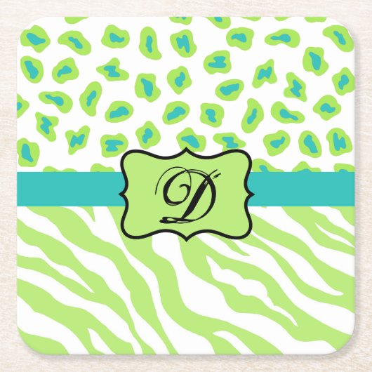 Dessous-de-verre Carré En Papier Green White Zebra Leopard Skin Monogram (Devant)