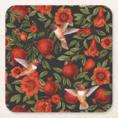 Dessous-de-verre Carré En Papier Grenades et colibris/feuilles verts en noir (Devant)