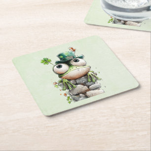 Dessous-de-verre Carré En Papier Grenouille avec chapeau vert et trèfle mignon