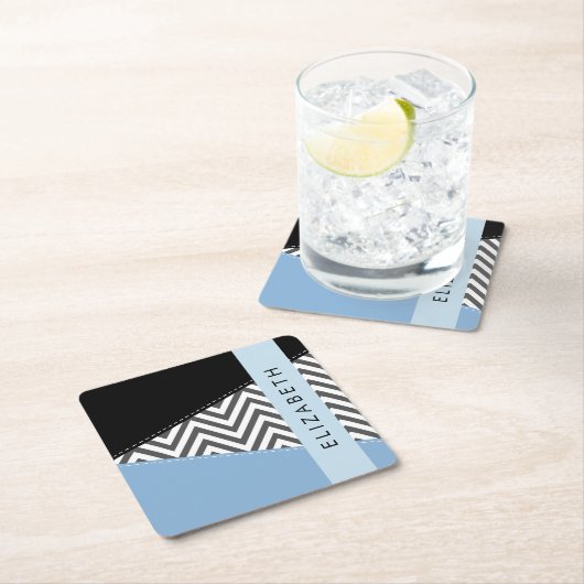 Dessous-de-verre Carré En Papier Grey Zigzag, Grey Chevron, Bleu, Votre Nom (En situation)