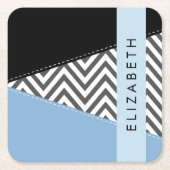 Dessous-de-verre Carré En Papier Grey Zigzag, Grey Chevron, Bleu, Votre Nom (Devant)