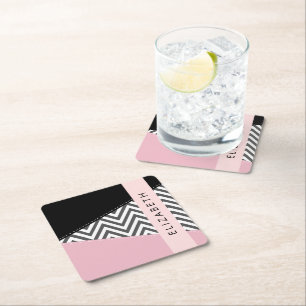 Dessous-de-verre Carré En Papier Grey Zigzag, Grey Chevron, Rose, Votre Nom