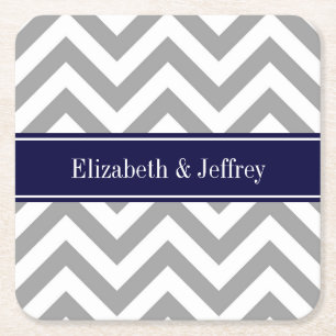 Dessous-de-verre Carré En Papier Gris foncé Lg Chevron Marine Nom bleu Monogramme