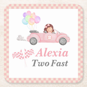 Dessous-de-verre Carré En Papier Grossissant deux Fast Pink Race Car Girl 2e annive