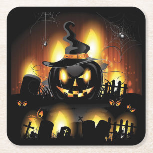 Dessous-de-verre Carré En Papier Halloween - citrouilles effrayants w/Hat toutes