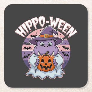 Dessous-de-verre Carré En Papier Halloween Éffrayant Halloween Moo Deng Hippo fantô