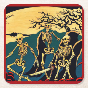 Dessous-de-verre Carré En Papier Halloween - Skeletons Woodcut 4